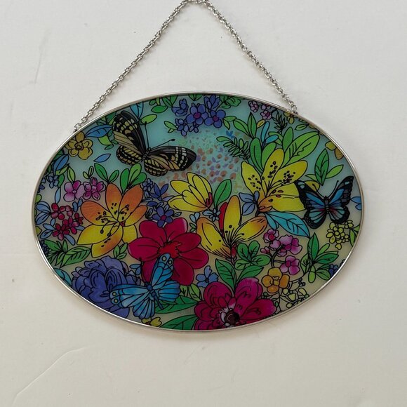 Butterfly & Floral Oval Glass Suncatcher With Chain By Bridgeton Hall - Picture 2 of 5